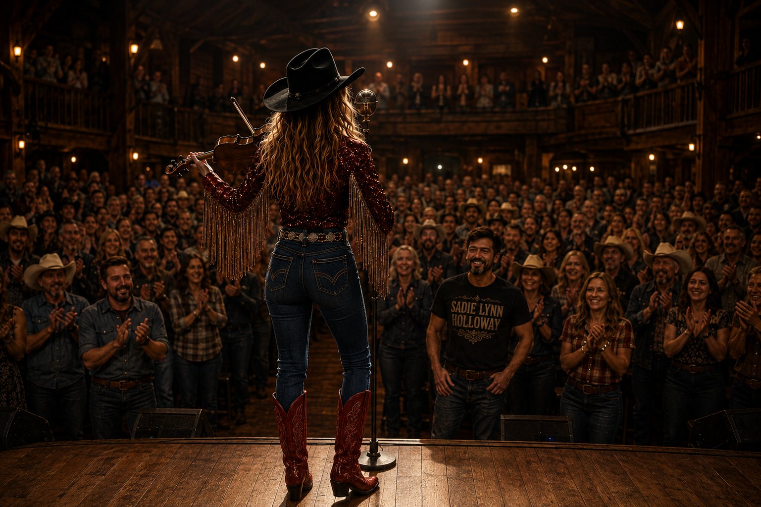 Sadie Lynn Holloway playing fiddle on stage to a packed house