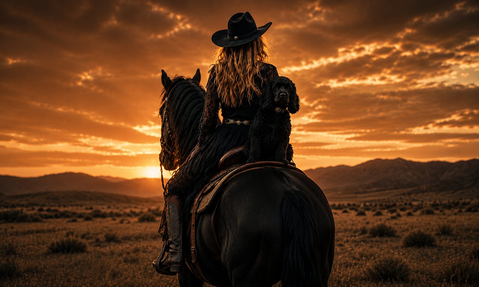 Sadie Lynn Holloway on horseback at sunset with her dog